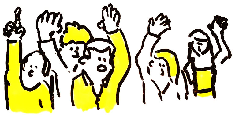 Drawing of people raising their hand